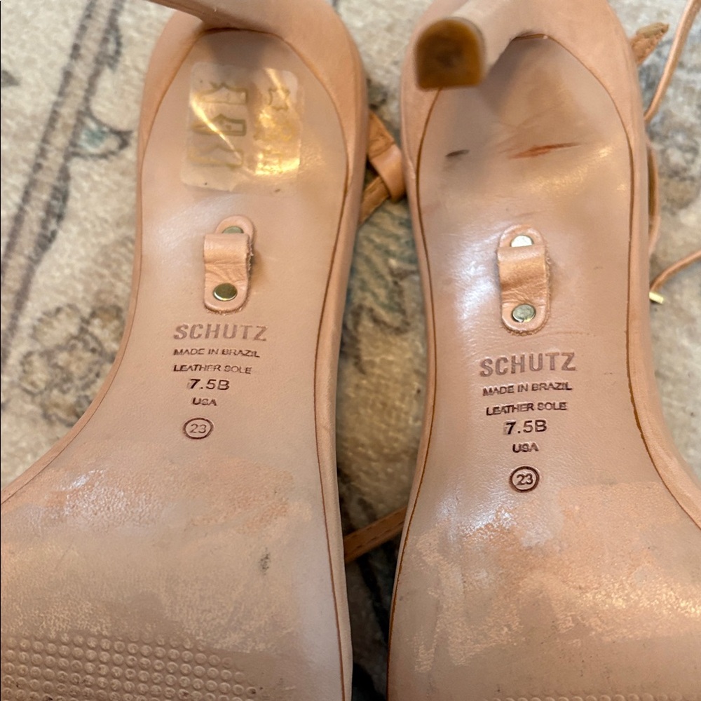 SCHUTZ Nude Tan Leather T-Strap Sandals with Gold Accent - Picture 6 of 6